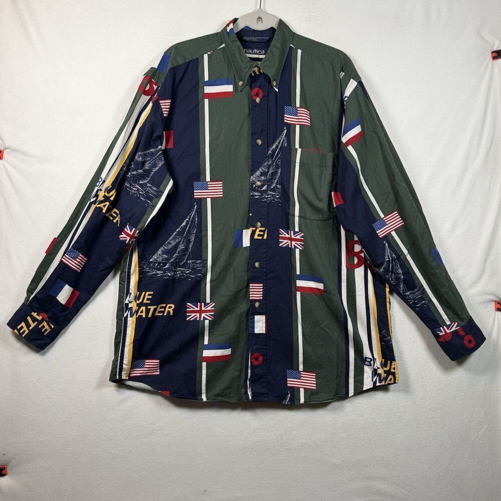 Nautica Vintage 90s Sailing Flags Shirt L Button Down Nautical Maritime Cotton